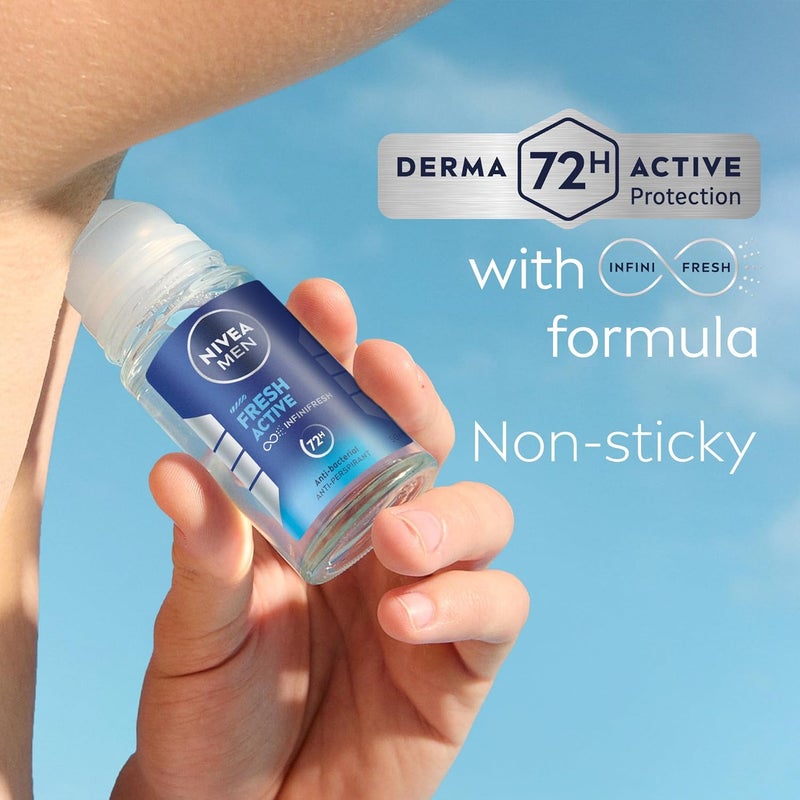 NIVEA MEN Antiperspirant Roll-on, 72h Protection, Fresh Active Scent, Pack of 3 (50ml each) - Image 4